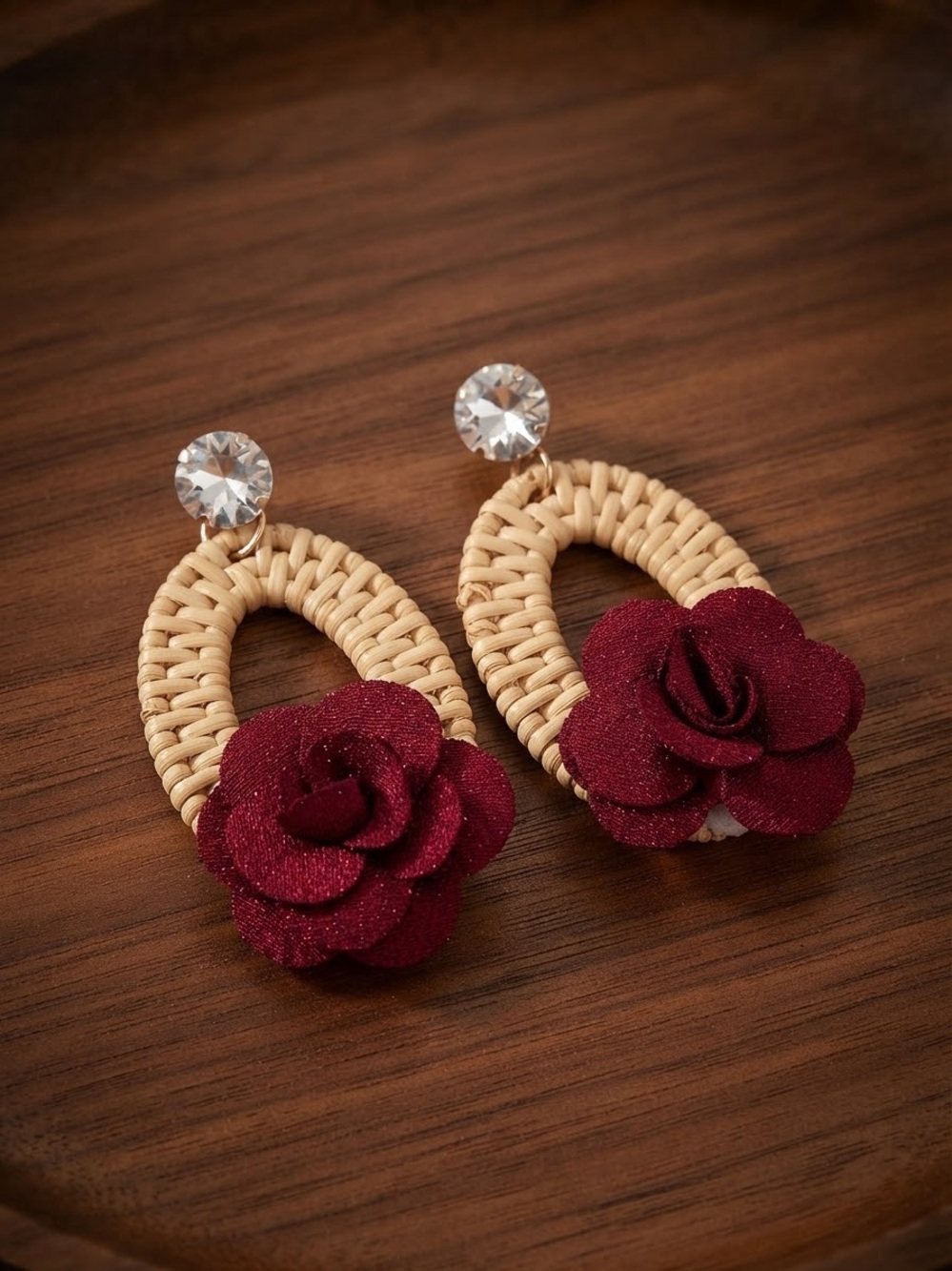 Fashion Jewelry Burgundy Flower Woven Hoop Earrings